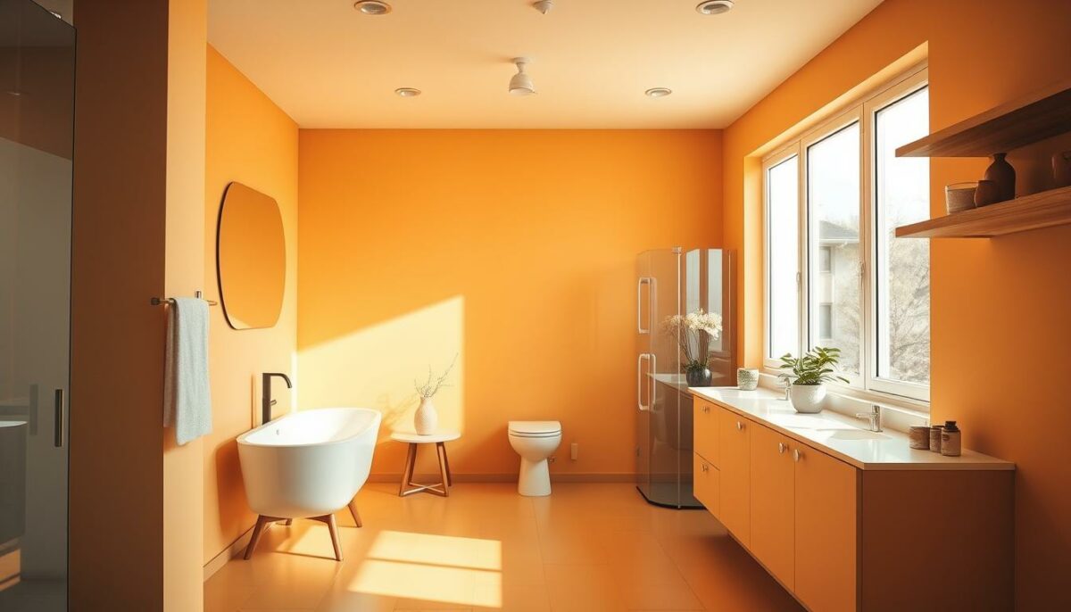 A bright, modern bathroom and kitchen with clean, freshly-painted walls. The walls are a warm, earthy tone, with a smooth, matte finish that effectively conceals any signs of mold or mildew. The space is bathed in soft, natural light that filters in through large windows, highlighting the vibrant color and high-quality paint application. The overall atmosphere is one of cleanliness, comfort, and a sense of protection against the growth of harmful fungi. The image conveys the idea of a safe, healthy living environment achieved through the use of a specialized, anti-fungal paint.