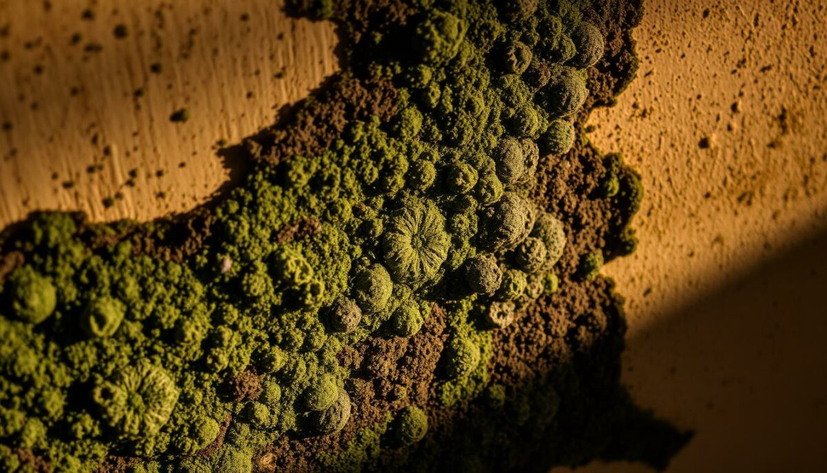 A close-up view of a grimy, discolored section of a damp, mottled wall, showcasing the intricate, fuzzy texture of encroaching mold growth. The mold appears in various shades of green, with hints of gray and black, creating an unsettling, organic pattern across the surface. Dim, warm lighting casts shadows that accentuate the gritty, decaying nature of the scene, conveying a sense of neglect and the detrimental impact of the mold on the structural integrity of the wall. The image captures the urgency to address this issue, highlighting the potential health and aesthetic consequences if left untreated.