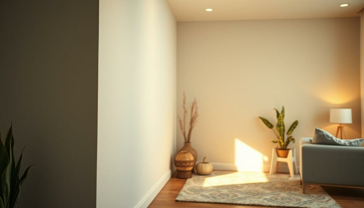 A towering barrier of mold-resistant paint, standing tall against the encroaching growth of fungus. Sleek, modern texture with a satin sheen, illuminated by soft, warm lighting that casts a gentle glow. Layers of protection, strategically applied to shield a cozy domestic scene - a harmonious living space, free from the threat of damp and decay. An oasis of healthful living, where the paint's scientifically-formulated ingredients safeguard the wellbeing of inhabitants. Captured from a slightly elevated angle, emphasizing the barrier's resolute stance, a symbol of the home's resilience against the perils of mold.