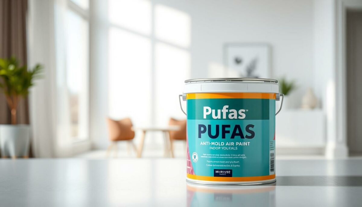 A well-lit, high-resolution image of a container of Pufas anti-mold paint. The container is prominently displayed in the foreground, showcasing its sleek, modern design and vibrant color. The paint has a smooth, satin finish that reflects the light, giving it a luxurious appearance. The background is blurred, but suggests a clean, minimalist interior setting, emphasizing the paint's role in enhancing the aesthetics and health of a home. The composition and lighting create a sense of professionalism and attention to detail, highlighting the key benefits of the Pufas anti-mold paint for both visual appeal and indoor air quality.