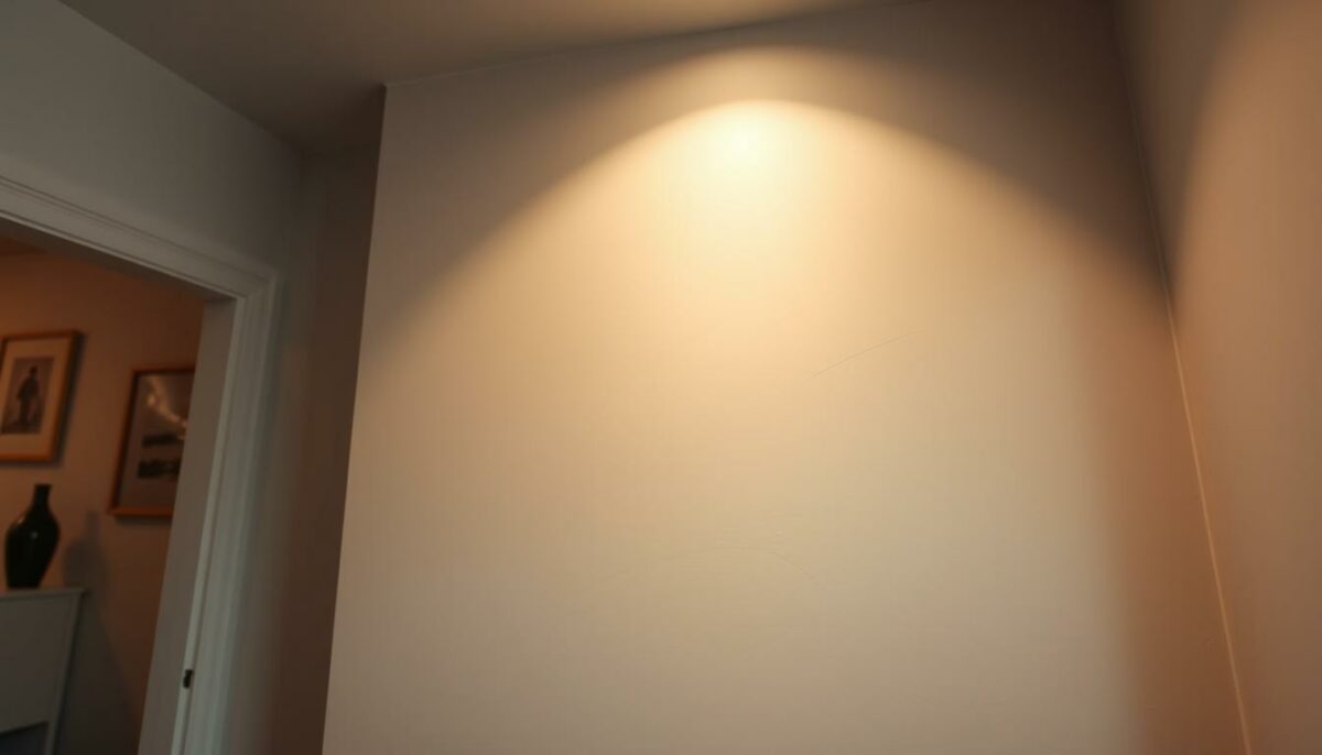 A wide-angle shot showcasing a freshly applied anti-mold paint coating a wall in a dimly lit interior. The paint has a smooth, matte finish with a subtle sheen, reflecting the soft ambient lighting. The color is a calming, neutral tone that blends harmoniously with the surrounding décor. The foreground emphasizes the texture and application of the paint, while the middle ground reveals its protective coverage over a previously affected surface. The background is hazy, drawing focus to the wall treatment as the central subject. An aura of cleanliness and renewed freshness permeates the scene, conveying the paint's effectiveness in combating mold and restoring a healthy indoor environment.