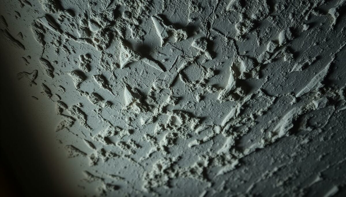 Detailed close-up of a textured, mottled ceiling in a dimly lit interior. The surface is covered in a thick, uneven layer of Pufas anti-fungal paint, creating a unique, organic pattern of ridges and grooves. The lighting is soft and diffuse, casting subtle shadows that accentuate the depth and texture of the painted finish. The overall atmosphere is one of subtle decay and weathered resilience, reflecting the protective properties of the specialized paint against fungal growth. The image should convey the key characteristics and applications of the Pufas anti-fungal paint, as described in the article section title.